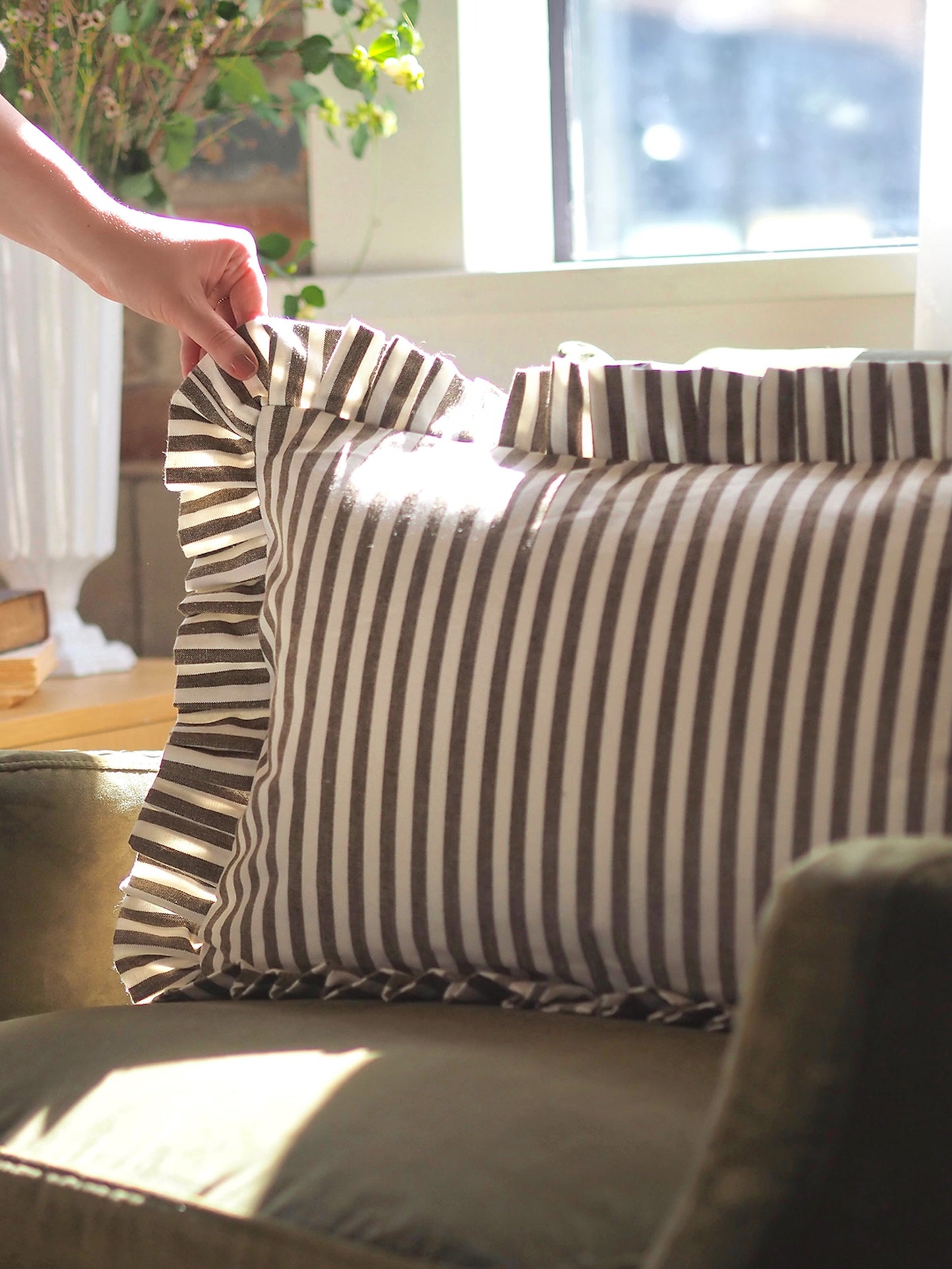 Ruffle Olive Green Stripe Pillow | 14x20